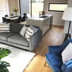 Styled living room with blue accents - Melbourne Property Styling - Leeder Interiors