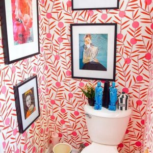 Toilet with red and white wallpaper and polka dot floor - Eclectic Interior Design - Leeder Interiors