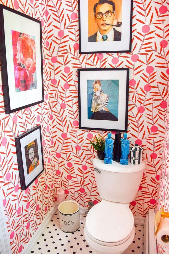 Toilet with red and white wallpaper and polka dot floor - Eclectic Interior Design - Leeder Interiors