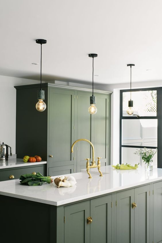 Olive green kitchen - colourful interior design - Leeder Interiors