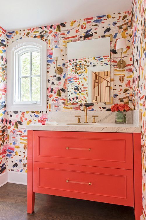 A bright colourful bathroom with wallpaper and coral vanity - colourful interior design Melbourne - Leeder Interiors