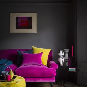 A moody living room with a purple sofa - Interior Decorating Service - Leeder Interiors