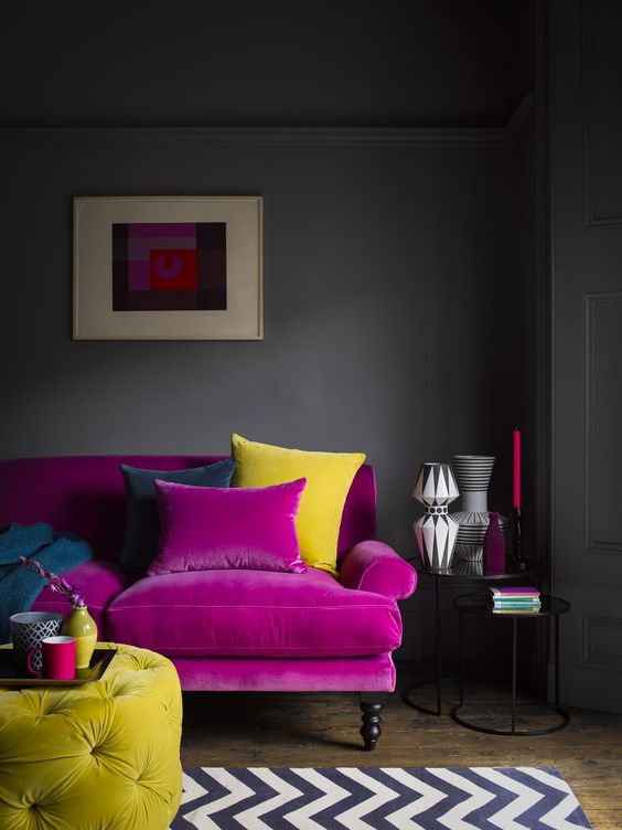 A moody living room with a purple sofa - Interior Decorating Service - Leeder Interiors