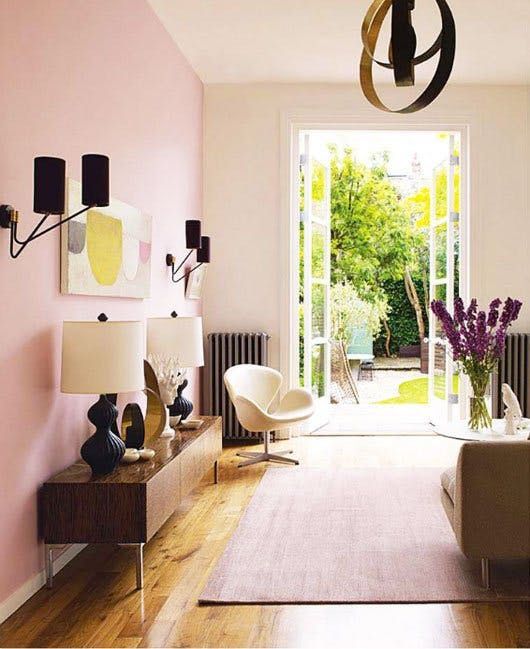 Mid century styled living room with Pink Walls - Interior Design Melbourne - Leeder Interiors