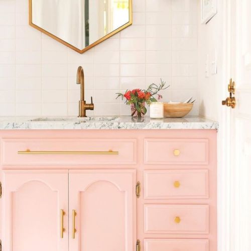 A white bathroom with a pink vanity - Interior Design Melbourne - Leeder Interiors