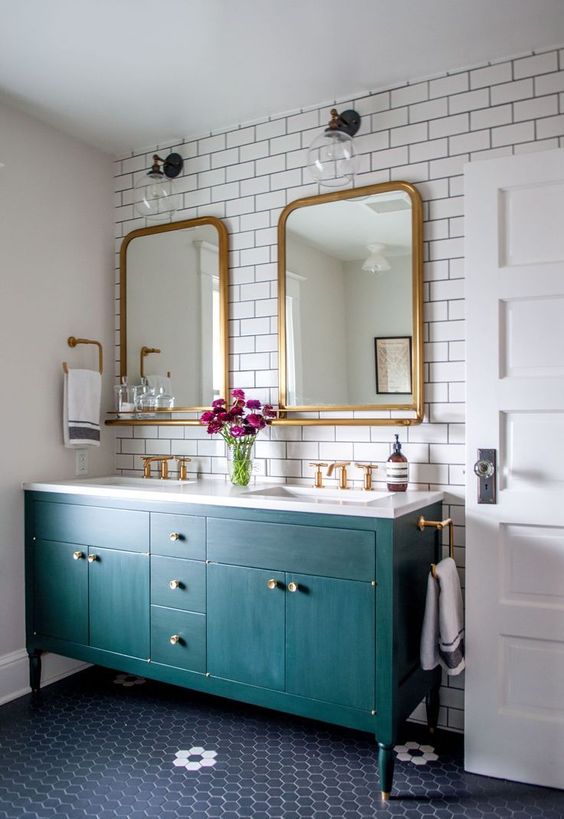 Colour of the moment...Teal. A classic bathroom with a teal vanity.