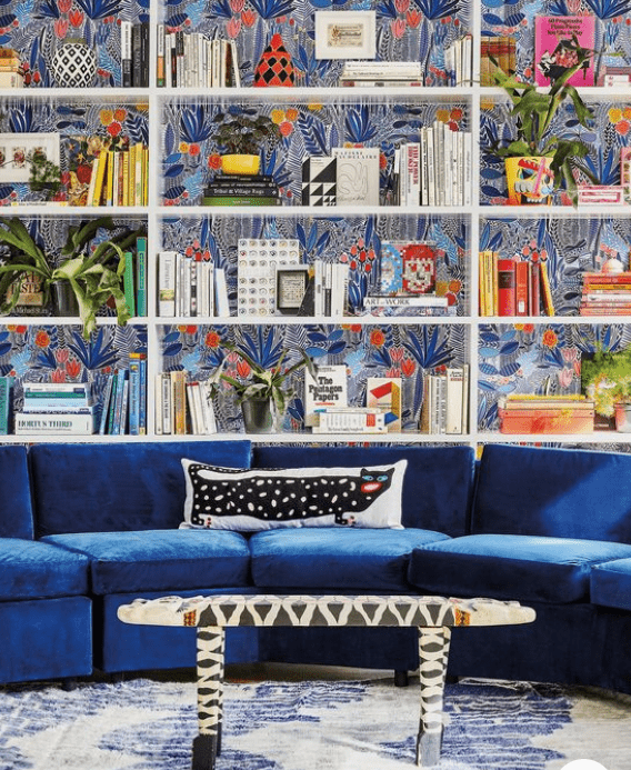 Wallpapered Bookshelf - Eclectic Colourful Interior Design