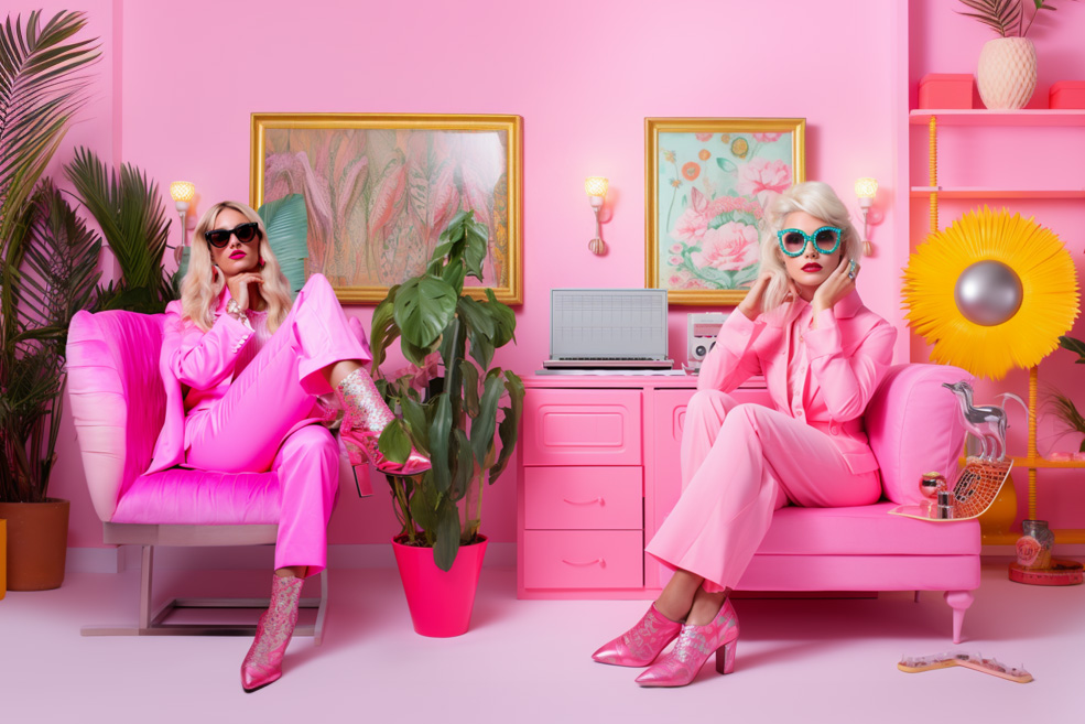 An AI generated image depicting two boss bitches sitting in a barbiecore design inspired interior