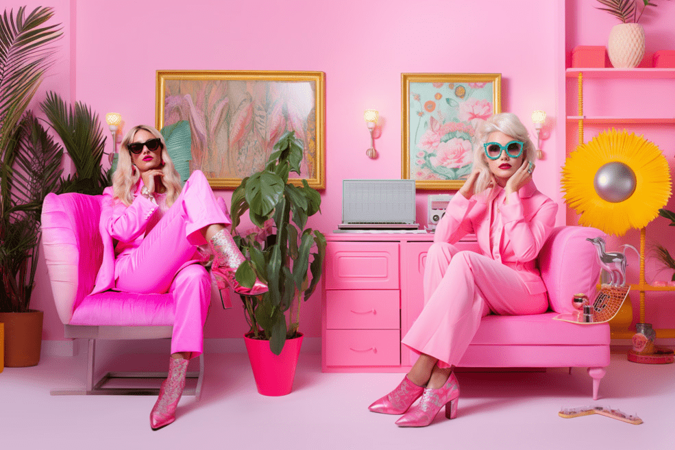 An AI generated image depicting two boss bitches sitting in a barbiecore design inspired interior