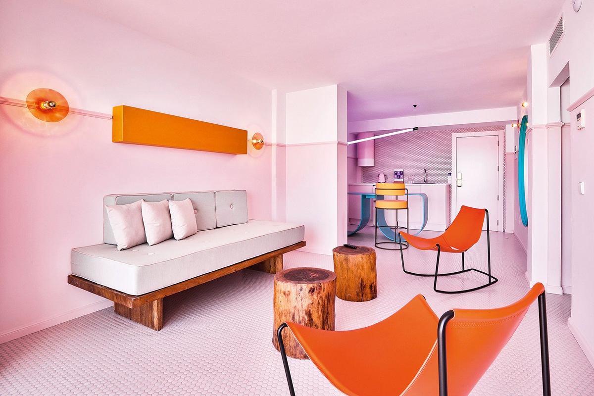 An interior of the Paradiso Ibiza Art Hotel, inspiration for a barbiecore interior.